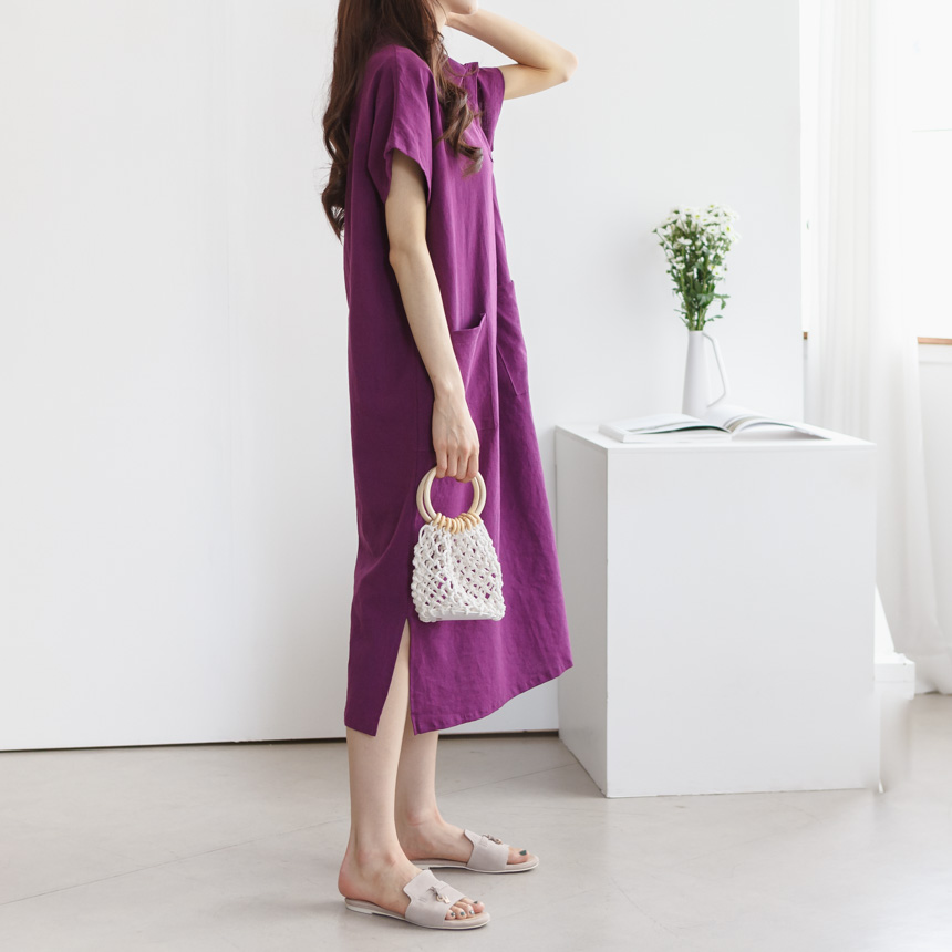 Square Pockets Linen Midi Dress-Holiholic