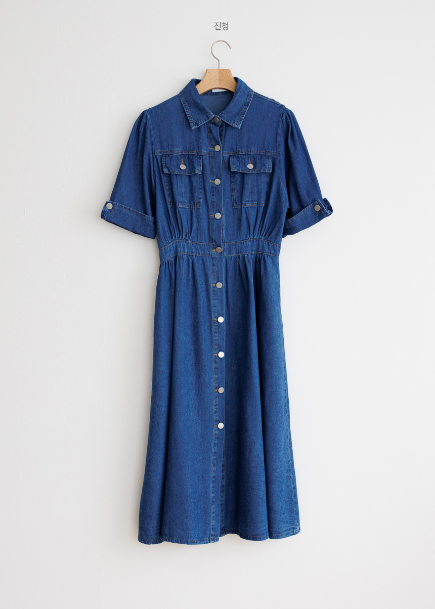 Roll Up Sleeve Denim Dress with Pocket-Holiholic