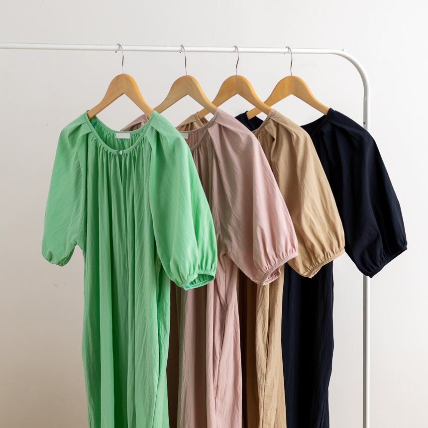 Short Sleeve Shirring Midi Dress-Holiholic