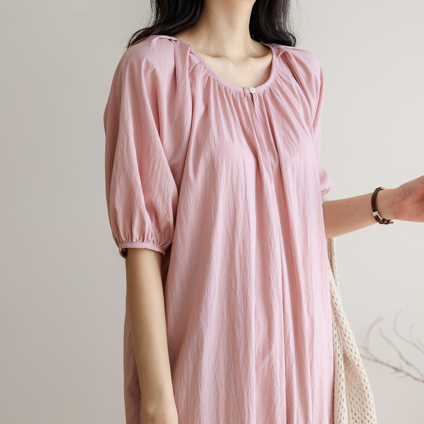 Short Sleeve Shirring Midi Dress-Holiholic